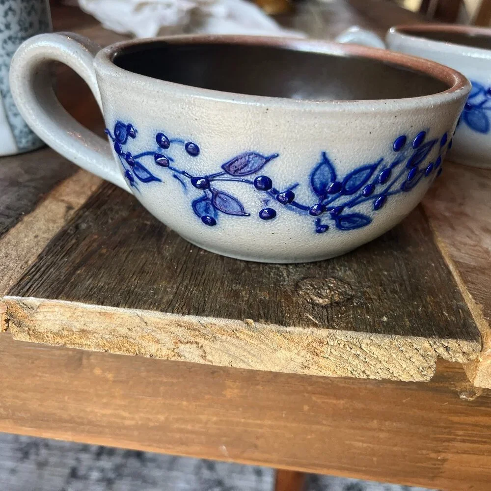 Vintage 2 Chowder Bowls Salmon Falls Stoneware Salt Glaze Pottery Blueberry Vine - Picture 2 of 8